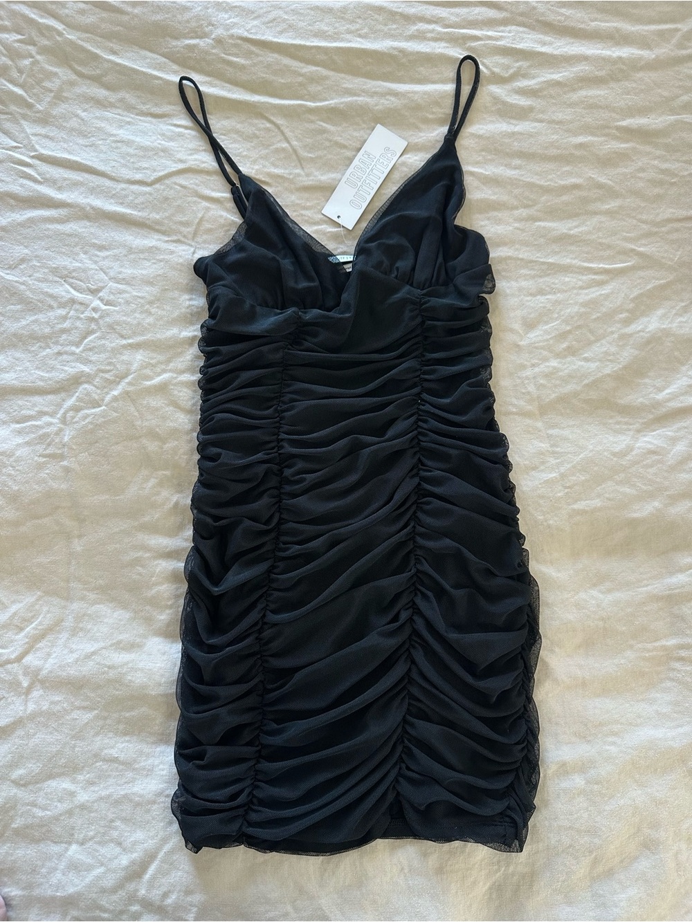 Black Ruched Mini Slip Dress with Spaghetti Straps